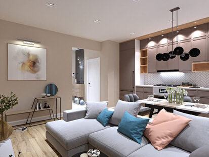 Фото № 1: Дизайн-проект евро трехкомнатной квартиры 66.14  м² стиль Модернизм для ЖК Седьмое небо