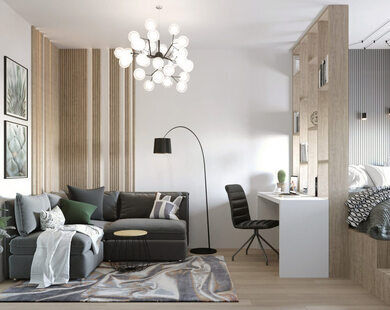 Фото № 1: Дизайн-проект однокомнатной квартиры 39.62  м² стиль Эклектика для ЖК Гармония