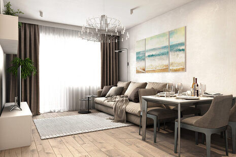 Фото № 1: Дизайн-проект однокомнатной квартиры 48.7  м² Современный стиль для ЖК Рождественский