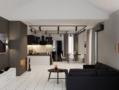 Фото № 1: Дизайн-проект кухни-гостиной 55.36  м² Стиль Минимализм для ЖК Московский