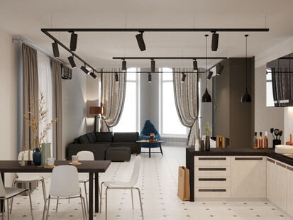 Фото № 2: Дизайн-проект кухни-гостиной 55.36  м² Стиль Минимализм для ЖК Московский