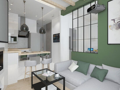 Фото № 1: Дизайн-проект двухкомнатной квартиры 34.52  м² Стиль Модернизм для ЖК Велтон Парк