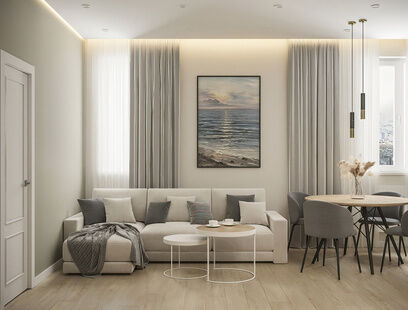 Фото № 1: Дизайн-проект однокомнатной квартиры 47.41  м² Стиль Эклектика для ЖК Московский