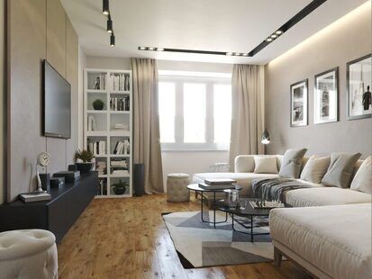 Фото № 1: Дизайн-проект однокомнатной квартиры 63.2  м² стиль Модернизм для ЖК Новаторов