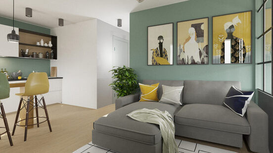 Фото № 2: Дизайн-проект евро двухкомнатной квартиры 47.8  м² стиль Модернизм для ЖК Первый ключ