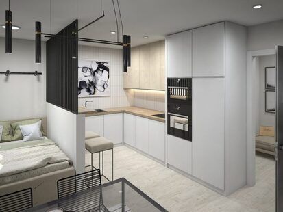 Фото № 1: Дизайн-проект квартиры-студии 27.5  м² стиль Минимализм для ЖК Первый ключ