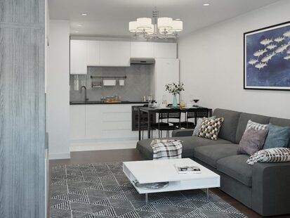 Фото № 1: Дизайн-проект однокомнатной квартиры 42.4  м² стиль Модернизм для ЖК Первый ключ