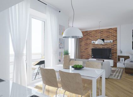 Фото № 1: Дизайн-проект однокомнатной квартиры 39.88  м² стиль Модернизм для ЖК Новаторов