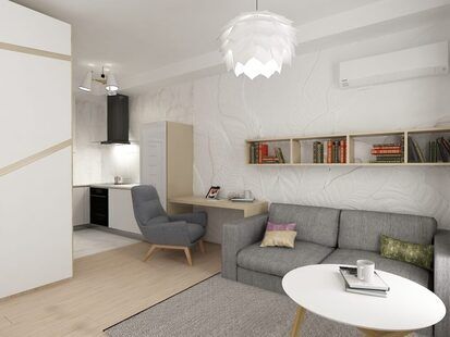 Фото № 1: Дизайн-проект однокомнатной квартиры 36.4  м² стиль Минимализм для ЖК Аалто