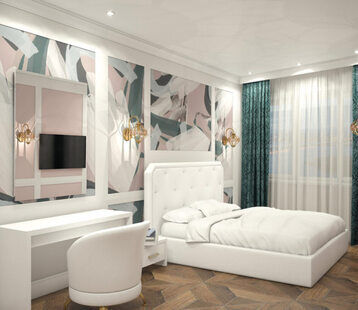 Фото № 1: Дизайн-проект спальни 14.6  м² стиль Современная классика для ЖК Шурова гора