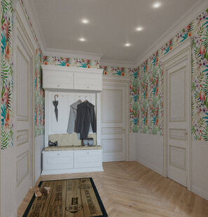 Фото № 1: Дизайн-проект прихожей 8.6  м² стиль Современная классика для ЖК Екатерининский