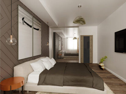 Фото № 2: Дизайн-проект спальни 23.1  м² стиль Модернизм для ЖК Петровский