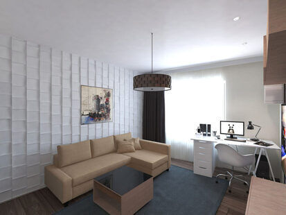 Фото № 1: Дизайн-проект однокомнатной квартиры 43.2  м² стиль Минимализм для ЖК Крылья