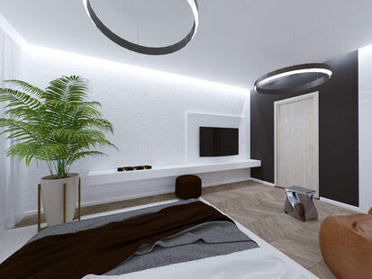 Фото № 2: Дизайн-проект спальни 17.6  м² стиль Хай-тек для ЖК Крылья