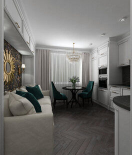 Фото № 1: Дизайн-проект кухни-гостиной 19.0  м² стиль Современная классика для ЖК Екатерининский