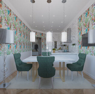 Фото № 1: Дизайн-проект кухни-гостиной 14.1  м² стиль Современная классика для ЖК Екатерининский