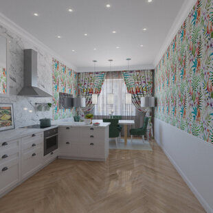 Фото № 2: Дизайн-проект кухни-гостиной 14.1  м² стиль Современная классика для ЖК Екатерининский