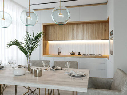 Фото № 1: Дизайн-проект кухни-гостиной 30.5  м² стиль Прованс для ЖК Центральный