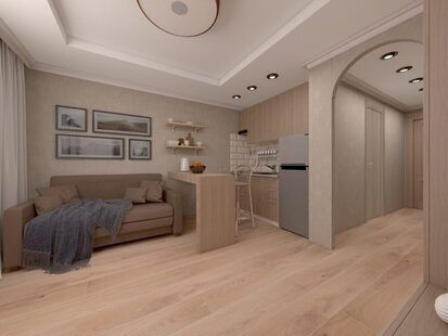 Фото № 1: Дизайн-проект кухни-гостиной 26.1  м² стиль Скандинавский для ЖК Вертикаль