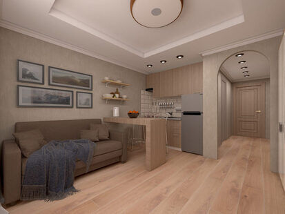 Фото № 3: Дизайн-проект кухни-гостиной 26.1  м² стиль Скандинавский для ЖК Вертикаль