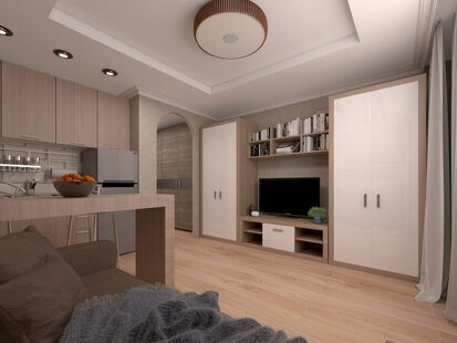 Фото № 2: Дизайн-проект кухни-гостиной 26.1  м² стиль Скандинавский для ЖК Вертикаль