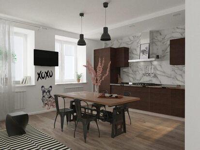 Фото № 2: Дизайн-проект кухни-гостиной 23.7  м² стиль Лофт для ЖК Рассказово