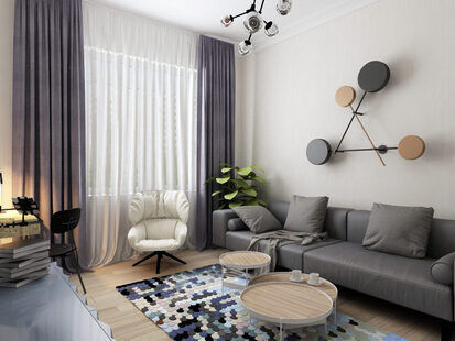 Фото № 1: Дизайн-проект зала 14.9  м² стиль Минимализм для ЖК Родной город. Октябрьское поле