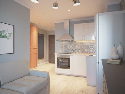 Фото № 1: Дизайн-проект кухни-гостиной 12.7  м² стиль Скандинавский для ЖК PLAZA