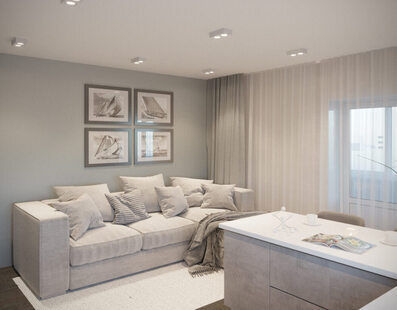 Фото № 1: Дизайн-проект кухни-гостиной 17.1  м² стиль Минимализм для ЖК Аквамарин