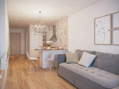 Фото № 1: Дизайн-проект кухни-гостиной 21.5  м² стиль Скандинавский для ЖК PLAZA