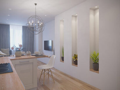 Фото № 4: Дизайн-проект кухни-гостиной 21.5  м² стиль Скандинавский для ЖК PLAZA