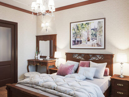 Фото № 1: Дизайн-проект спальни 9.9  м² стиль Классика для ЖК Времена года