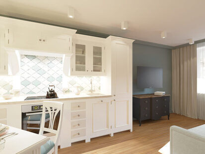 Фото № 1: Дизайн-проект кухни-гостиной 17.8  м² стиль Современная классика для ЖК PLAZA