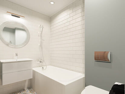 Фото № 1: Дизайн-проект совмещенного санузла 3.8  м² стиль Современная классика для ЖК PLAZA