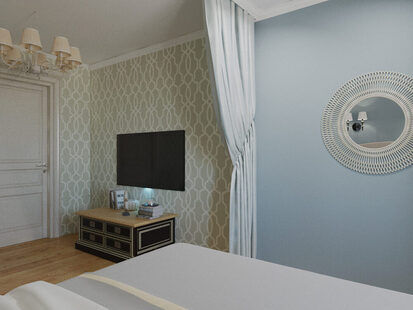 Фото № 1: Дизайн-проект спальни 14.6  м² стиль Современная классика для ЖК Новый город