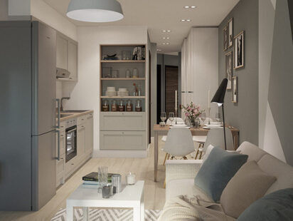 Фото № 2: Дизайн-проект кухни-гостиной 19.4  м² стиль Минимализм для ЖК PLAZA