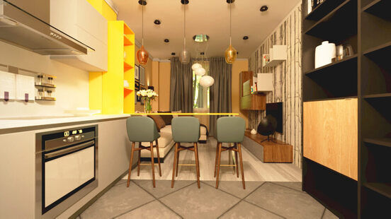 Фото № 2: Дизайн-проект кухни-гостиной 23.6  м² стиль Модернизм для ЖК PLAZA