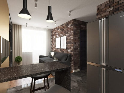 Фото № 1: Дизайн-проект кухни-гостиной 17.8  м² стиль Лофт для ЖК PLAZA