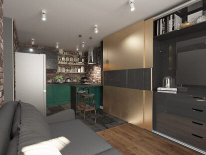 Фото № 3: Дизайн-проект кухни-гостиной 17.8  м² стиль Лофт для ЖК PLAZA