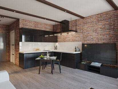 Фото № 1: Дизайн-проект кухни-гостиной 21.4  м² стиль Лофт для ЖК Аквамарин