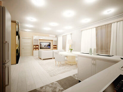 Фото № 2: Дизайн-проект кухни-гостиной 44.3  м² Контемпорари для ЖК Лайт Сити LS