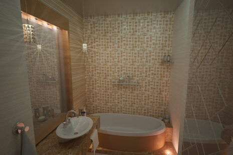 Фото № 2: Дизайн-проект совмещенного санузла 4.4  м² Современная классика для ЖК Наследие