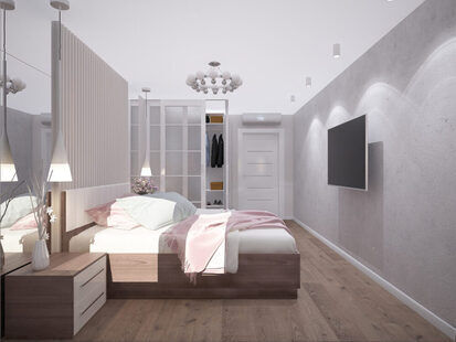 Фото № 1: Дизайн-проект спальни 17.5  м² стиль Модернизм для ЖК Летняя резиденция