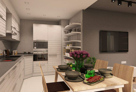 Фото № 1: Дизайн-проект кухни-гостиной 24.3  м² стиль Минимализм для ЖК Серебряные звоны-2
