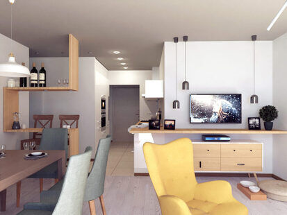 Фото № 6: Дизайн-проект кухни-гостиной 66.8  м² стиль Шведский для ЖК Серебряные звоны-2