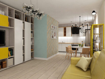 Фото № 2: Дизайн-проект кухни-гостиной 28.7  м² Скандинавский стиль для ЖК Серебряные звоны-2