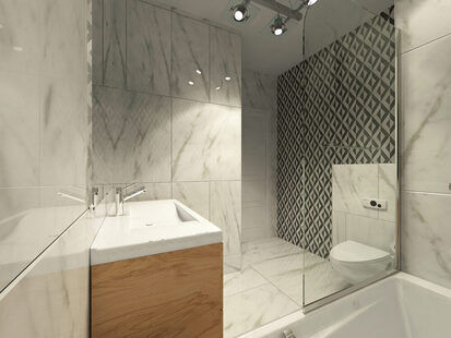 Фото № 1: Дизайн-проект совмещенного санузла 4.8  м² Скандинавский стиль для ЖК Серебряные звоны-2