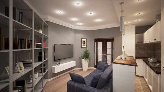 Фото № 1: Дизайн-проект кухни-гостиной 21.2  м² стиль Модернизм для ЖК Петровский Квартал