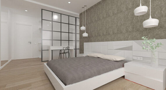 Спальня: готовый дизайн проект в стиле "Минимализм". Площадь 18.0 м² - фото №1