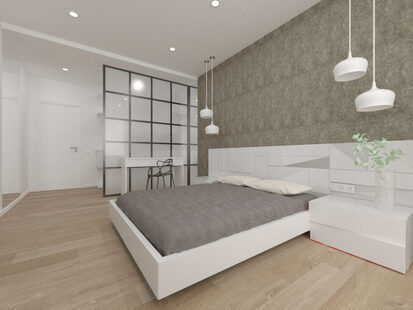 Фото № 1: Дизайн-проект спальни 18.0  м² стиль Минимализм для ЖК Дом на Окском